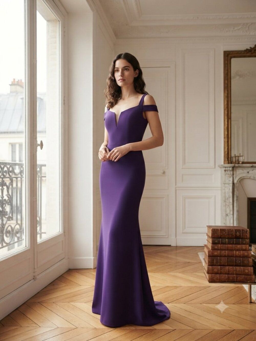 NWT Xscape Purple Off-Shoulder Deep V Evening Maxi Dress Sz 10